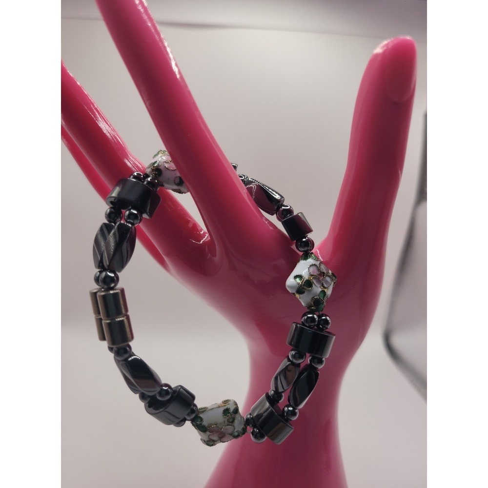 Black Silver Tone Floral Enamel Square Bead Stretch Bracelet Double Strand Boho